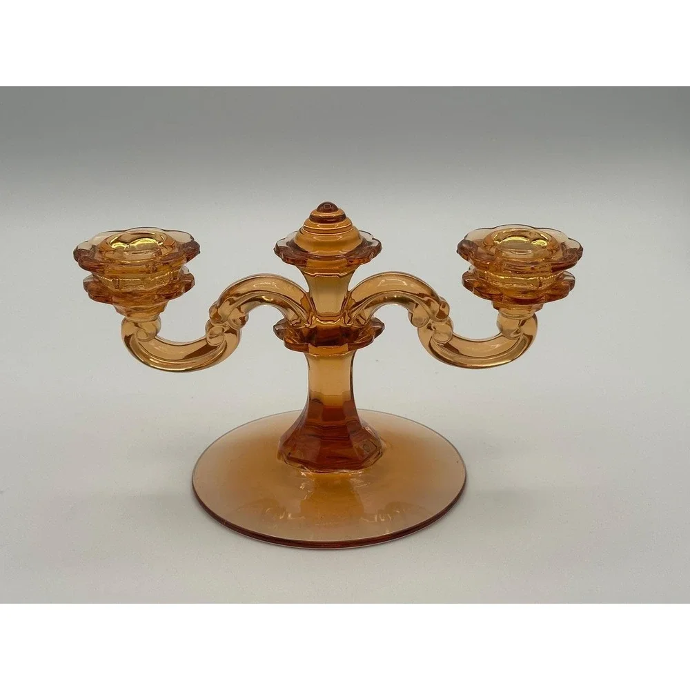 Vintage Amber Glass Double Candelabra MCM Pressed Two Arm Candle Holder